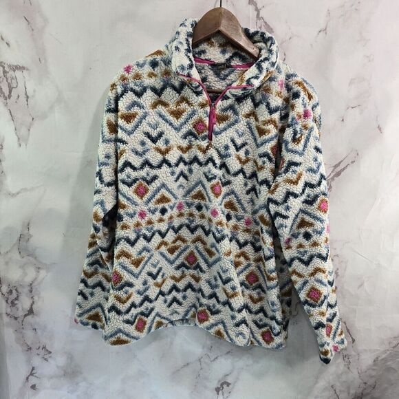 Eddie Bauer Pullover Womens Large White Pink Quest Plush Teddy Half Zip Sweater - Picture 1 of 11